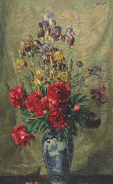 Red Peonies And Iris In A Blue And White Vase Oil Painting by Josef Jungwirth