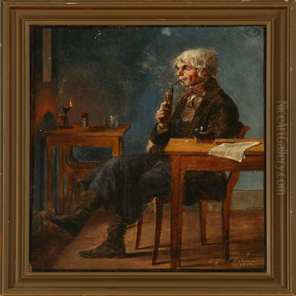 Interior With A Man Smoking A Pipe Oil Painting by Georg U.F. Fritz Jurgensen