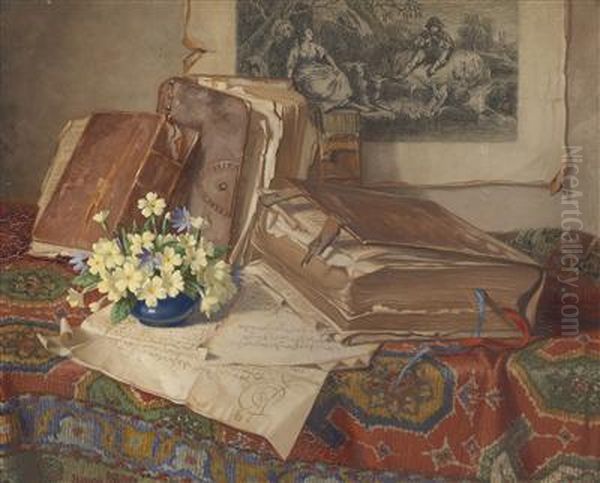 Still Life With Folios Oil Painting by Josef Jurutka