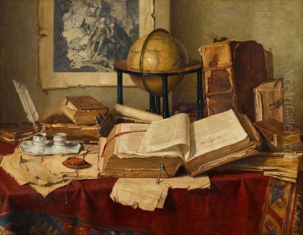 Still Life With Books, Quill Pen, Globe And Engraving Oil Painting by Josef Jurutka