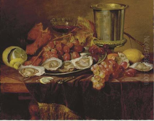 Still Life With Lemons, Oysters, Grapes, Leaves And Water Goblet Oil Painting by Josef Jurutka