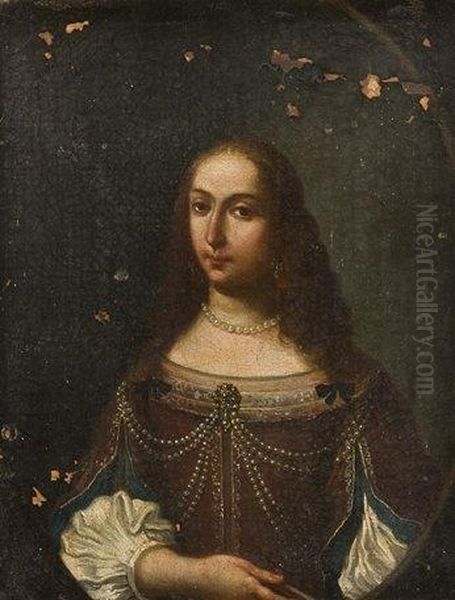 Portrait De Jeune Femme A La Robe Decoree De Perles Dans Un Ovale Peint Oil Painting by D'Egmont Juste