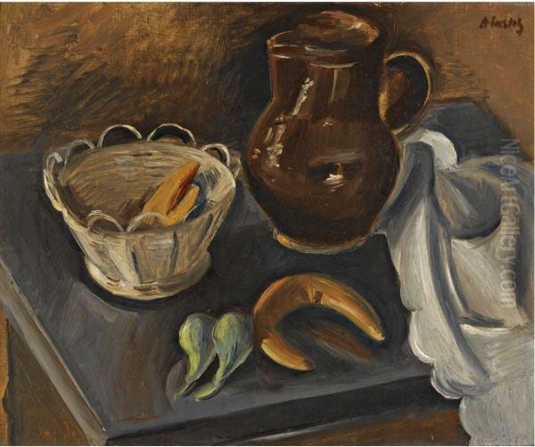 Still Life With White Basket Oil Painting by Alfred Justitz