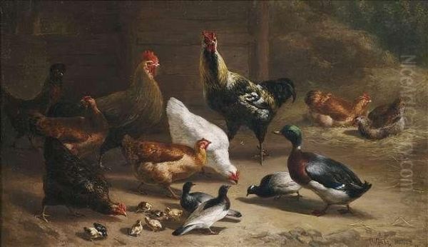 Poultry In A Stable Oil Painting by Carl Jutz