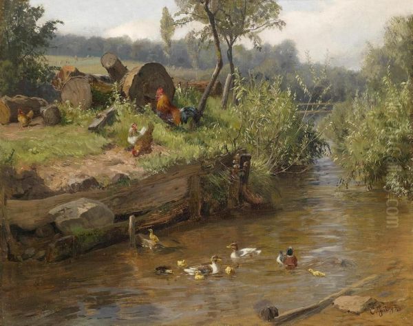 Family Of Ducks On The Weir Oil Painting by Carl Jutz