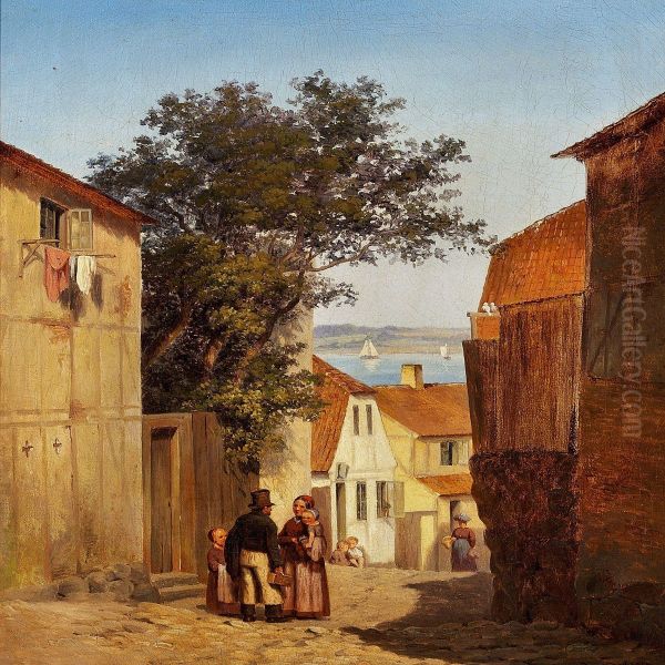 View Of A Narrow Street With People In A Small Danish Seaside Town Oil Painting by Andreas Thomas Juuel