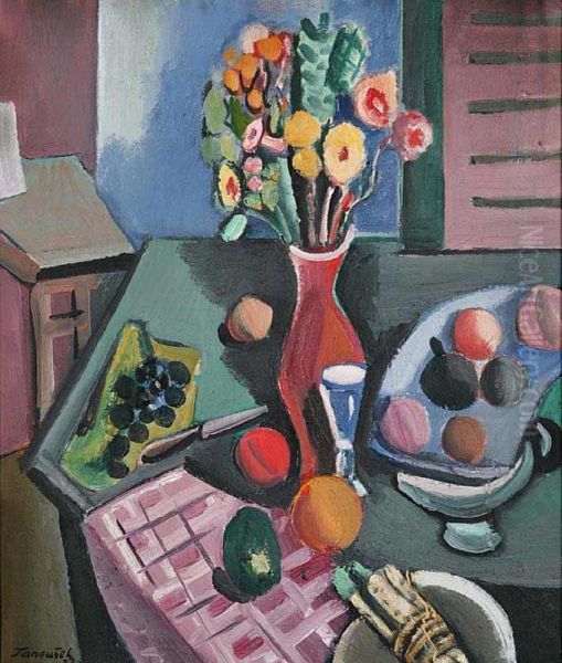 A Still Life With A Bouquet And Fruit Oil Painting by Frantisek K Janousek