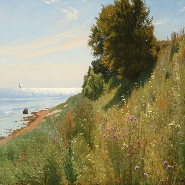 Summer Idyll At A Coast With Colorful Flowers Oil Painting by Ludvig Kabell