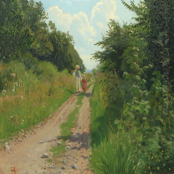 Summer Scenery With Two Children On A Road Oil Painting by Ludvig Kabell