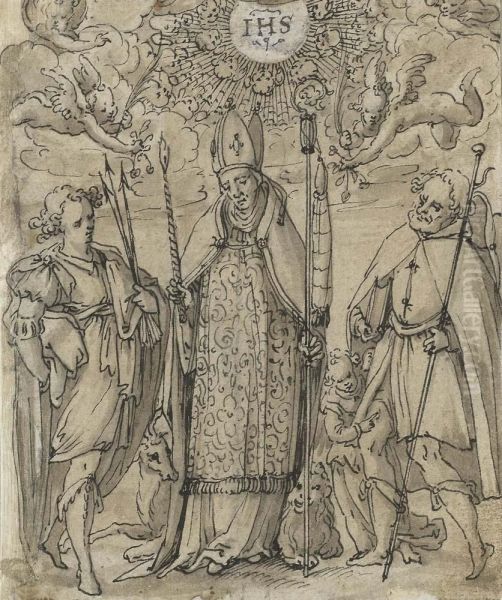 Bishop Flanked By Two Saints. Oil Painting by Kager, Johann Matthias