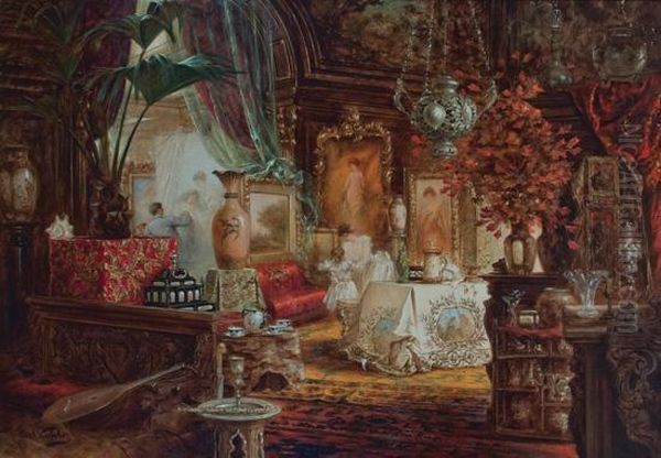 Artist In An Interior Oil Painting by Carl Kahler