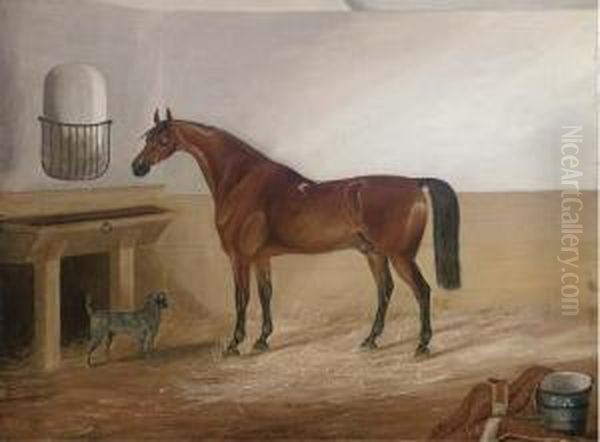 A Bay Hunter And A Canine Companion In A Stable Oil Painting by Thomas Pain