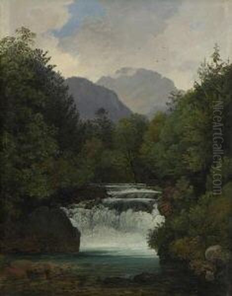 Gebirgstal Mit
 Wasserfall. Oil Painting by Ernst Kaiser