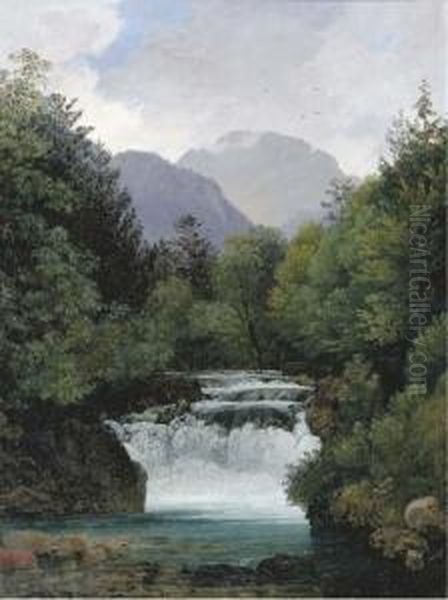 Isarwasserfalle Bei Mittenwald: A Waterfall Oil Painting by Ernst Kaiser