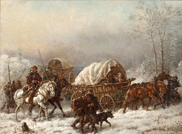 Winter Scene, With Refugee Train In The Snow Oil Painting by Friedrich Kaiser