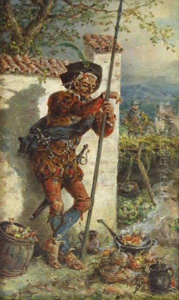 Landsknecht, An Eine Mauer Gelehnt, Sich Ein Essen Bereitend Oil Painting by Friedrich Kaiser