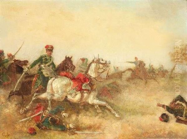 Cavalry In Abattle Oil Painting by Friedrich Kaiser