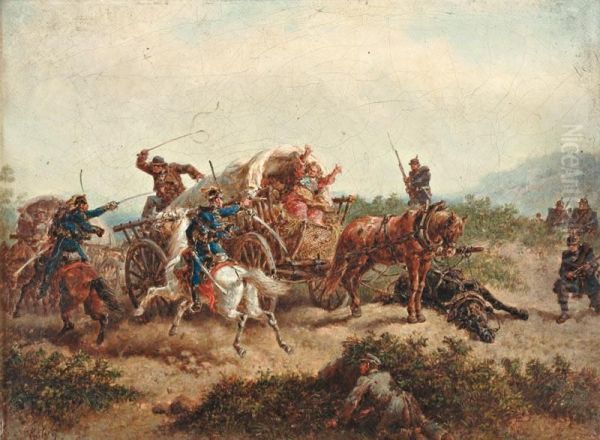 L'attaque Des Prussiers Et Des Hussards Hongrois Autour De La Charette De Foin Oil Painting by Friedrich Kaiser