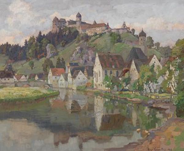 Blick Auf Harburg An Der Wornitz Mit Der Hochgelegenen Burg Der Fursten Zu Oettingen-wallerstein Oil Painting by Richard Kaiser