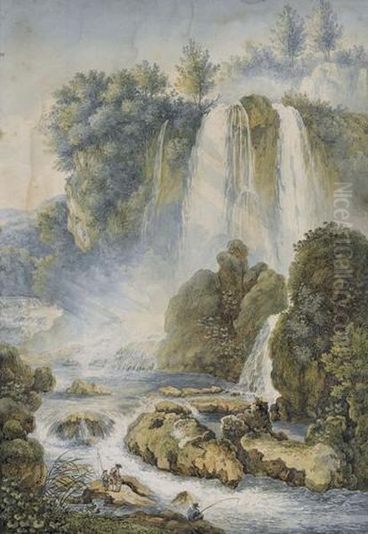 Die Grossen Wasserfalle Bei Tivoli Mit Fischern Oil Painting by Franz Keiserman