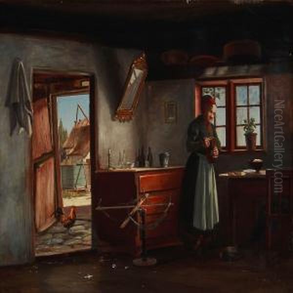 Country Interior With An Elderly Woman Oil Painting by Isidor Kalckar