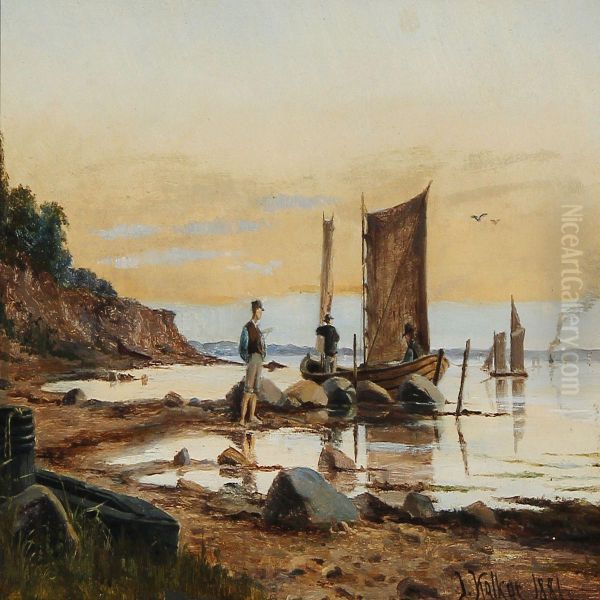 Coastal Scene From England With Fishermen On The Beach Oil Painting by Isidor Kalckar