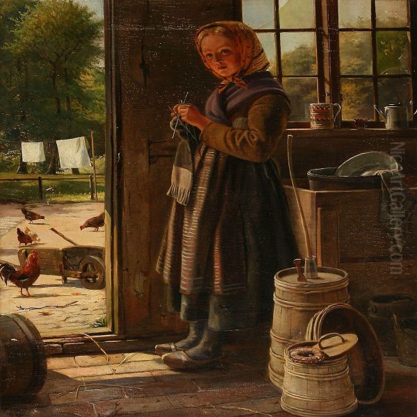 A Girl Knitting Near A Door Oil Painting by Isidor Kalckar