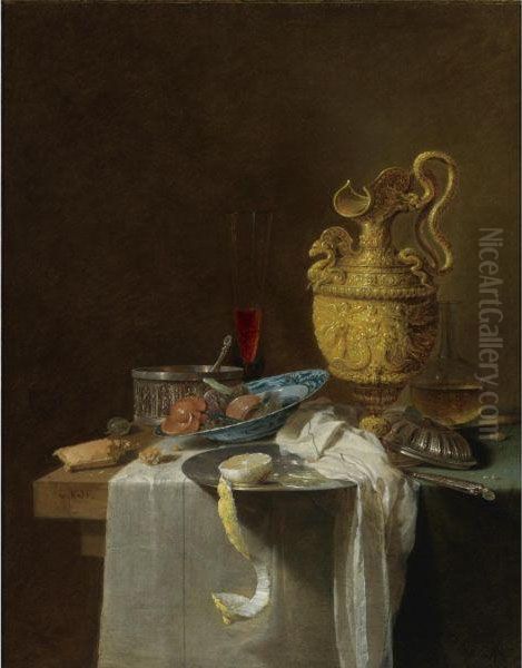 Still Life With A Silver Gilt Jug, A Wan-li Porcelain Bowl Withcandied Fruit And A Pewter Plate With A Peeled Lemon Oil Painting by Willem Kalf