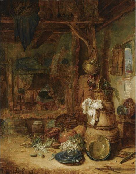 A Barn Interior With Pumpkins And Other Vegetables, Pewter Plates And A Copper Bowl Next To A Barrel, Two Peasants In The Background Oil Painting by Willem Kalf