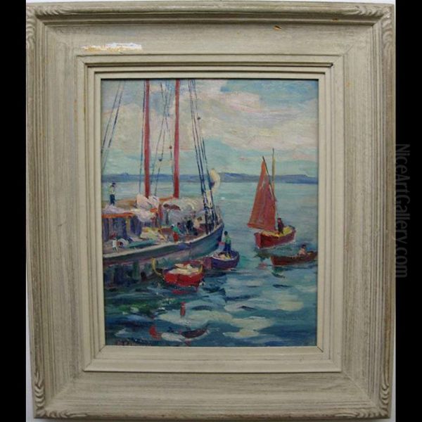 Figures At A Port Fishing Oil Painting by Minnie Kallmeyer