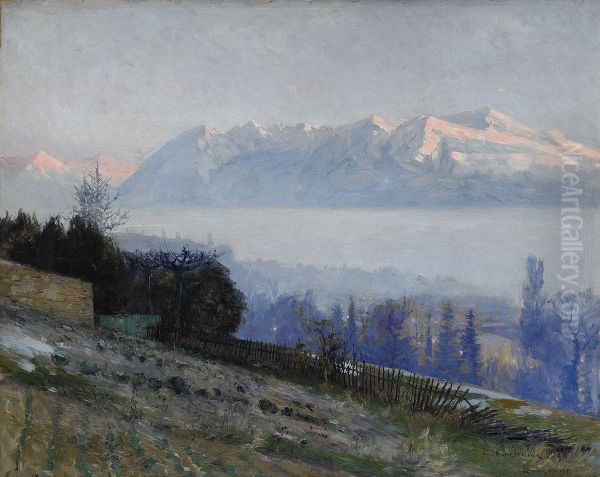 Vy Fran Lausanne Mot Mont Blanc Oil Painting by Gottfrid Kallstenius