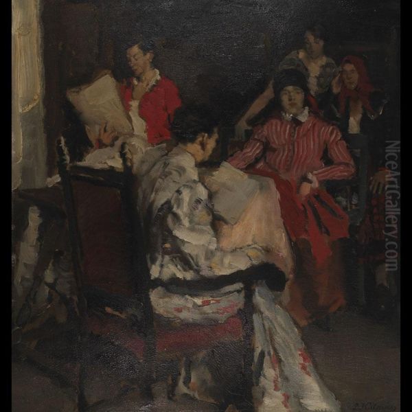 Women Reading In An Interior Oil Painting by Peter Kalman