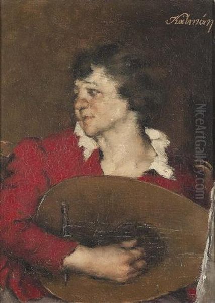 Mandoline Spielender Junger Mann. Oil Painting by Peter Kalman