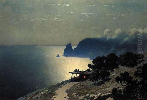 The Black Sea Coast By Moonlight Oil Painting by Grigory Odissevich Kalmykov