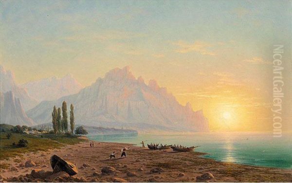 A View Of Kara Bay At Sunset Oil Painting by Grigory Odissevich Kalmykov