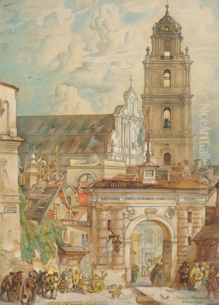 Vilnius Old Town Oil Painting by Juozas Kamarauskas