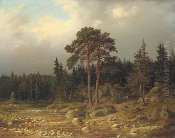 Riverside Forest Oil Painting by Valerian Konstantinovich Kamenev