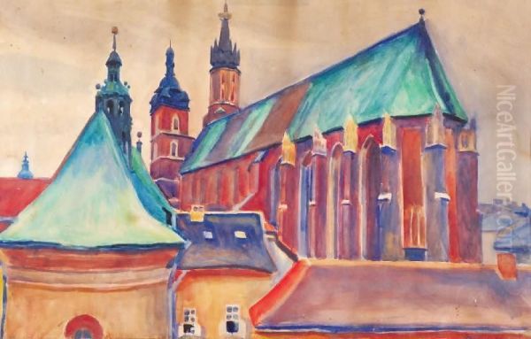 Widok Na Kosciol Mariacki I Kosciol Sw. Barbary Z Malego Rynku W Krakowie Oil Painting by Stanislaw Kamocki