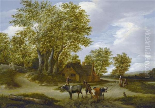 Landscape With Herdsmen And Cattle In The Foreground. Oil Painting by Godaert Kamper