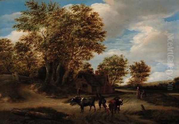 A Wooded Landscape With A Herdsman And Cattle On A Track, Peasantsand A Cottage Beyond Oil Painting by Godaert Kamper