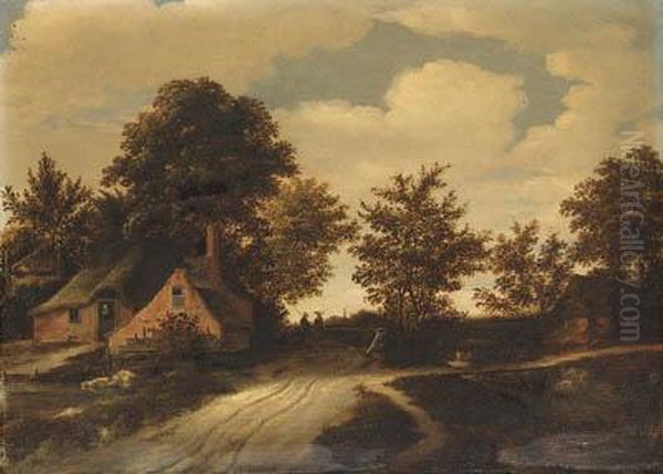 A Hamlet With Peasants On A Path In A Wooded Landscape Oil Painting by Godaert Kamper