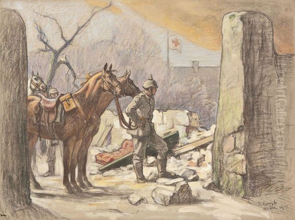 Berittene Soldaten In Zerstorter Stadt Oil Painting by Arthur Kampf