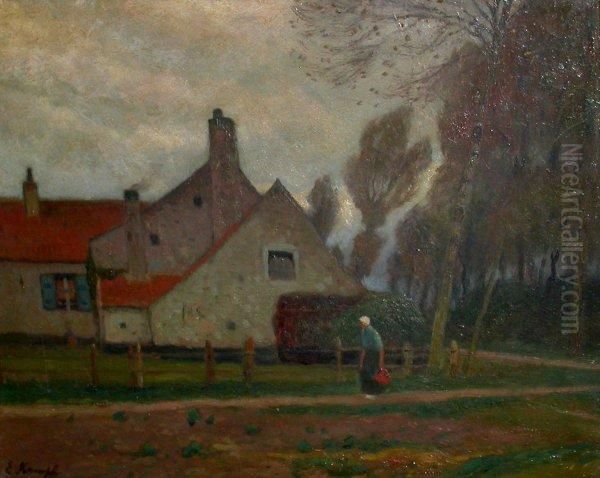 Bauerin Vor Ihrem Kotten Am Niederrhein Oil Painting by Eugen Kampf