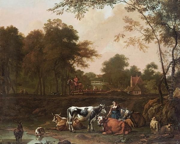 A Milkmaid With Cattle Beside A Stream Oil Painting by Jan Kamphuysen