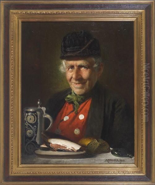 Dachauer Bei Der Brotzeit Mit Bierkrug, Speck, Brot Und Schnupftabakflasche Oil Painting by Ludwig Kandler