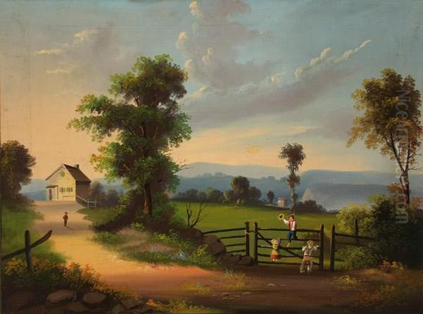 Children Playing On A Gate In A Country Landscape Oil Painting by John Kane