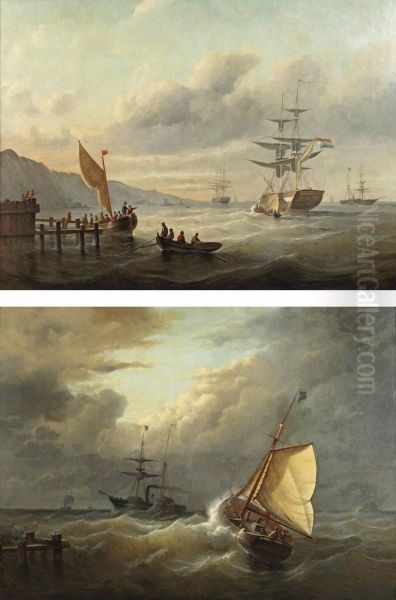 Dutch Vessels In A Sunlit Bay Oil Painting by Christiaan Cornelis Kannemans