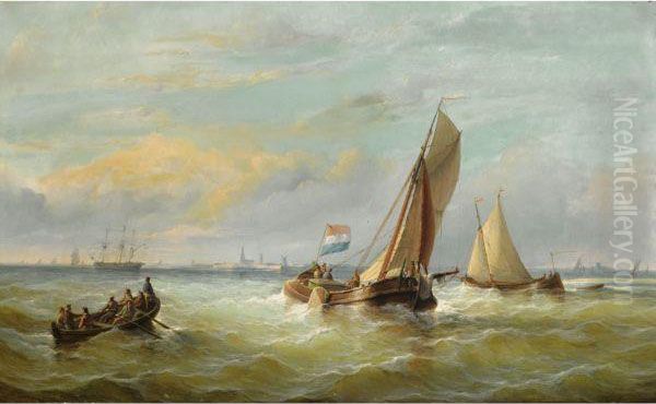 Fishing Boats On Choppy Waters, Possibly Vlissingen In Thebackground Oil Painting by Christiaan Cornelis Kannemans