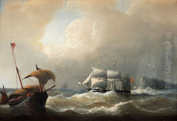 Marine With Full Rigged Vessel And Fishingboat Oil Painting by Christiaan Cornelis Kannemans