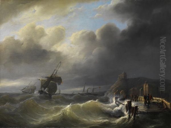 Segelschiffe In Einer Sturmflut Vor Der Kuste Oil Painting by Christiaan Cornelis Kannemans